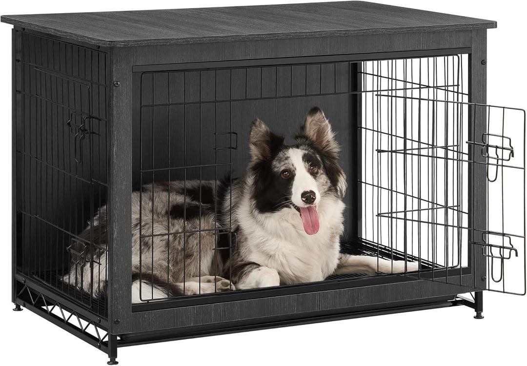 Feandrea 38.6" Dog Crate Furniture, Indoor Dog Cage Side End Table, XL Pet Wood Kennel for Large and Medium Dogs up to 70 lb with Multi-Purpose Removable Tray, Double-Door Pet House, Ink Black