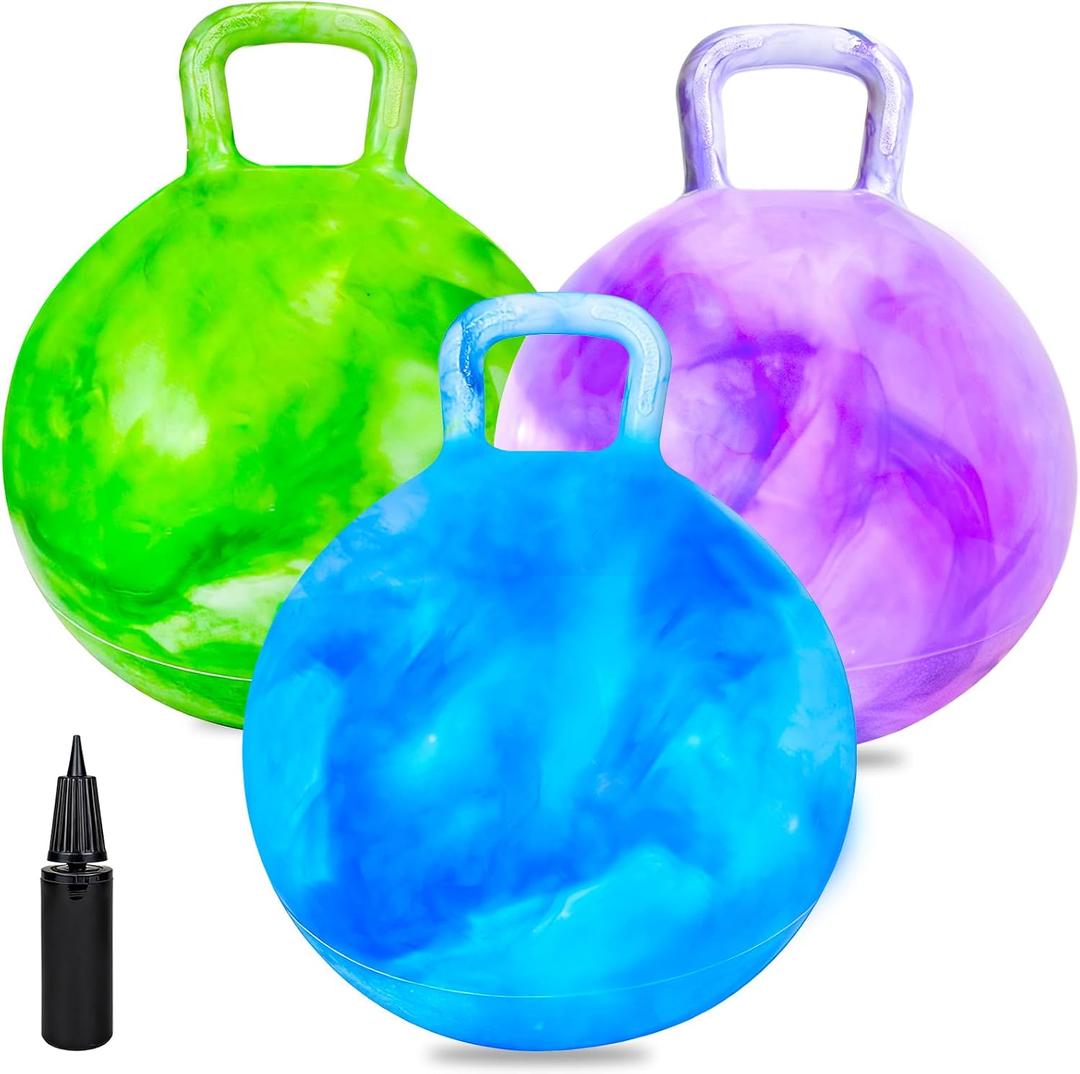 3 Pack Bouncy Balls with Handle for Kids, Ride On Toys Balls for Kid 3 4-8, 15 Inch Hopper Ball with Air Pump for Kids Jumping Sports Ride Games Balance Exercise Indoor Outdoor Fun