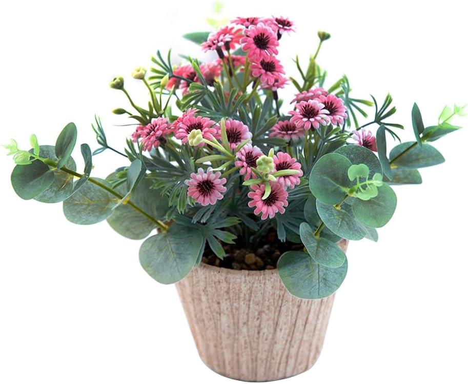 9" Artificial Pink Daisy Flower Plant with Eucalyptus Leaves in Light Wood Grain Pot, Lifelike Faux Potted Flowers for Indoor Home Office Bedroom Bathroom Table Shelf Spring Decor Gift