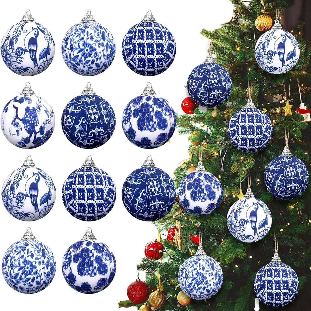 Preboun 12 Pcs Christmas Chinoiserie Ball Ornaments Blue and White Chinoiserie Tree Decoration Christmas Tree Hanging Ornaments Fabric Wrapped Home Xmas Decor for Modern Party (Blue,2.76 Inch)