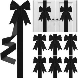 Aneco 6 Pack Christmas Door Ribbon and Bows, Large Christmas Velvet Cabinet Door Bows and Ribbons, Festive Velvet Bow with Hook-and-Loop Fastener for Cabinets Furniture Xmas Party Decorations, Black