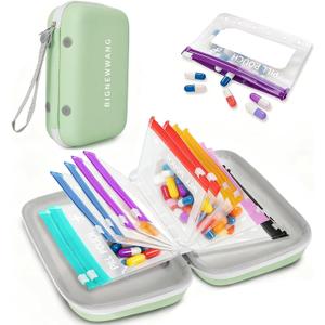 Extra Large Weekly Pill Organizer Set, Reusable Pill Bags with 14 Coded Pouches for Home and Travel, 7 Day with AM PM Large Storage Portable Medicine Pill Case for Fish Oils, Vitamins (Green)