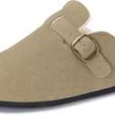 Mens Womens Fur Lined Clogs Suede Slip on Mules Warm Plush Fleece Lining Winter House Slippers Comfort Footbed with Arch Support and Adjustable Buckle, Beige 12 Women/11 Men