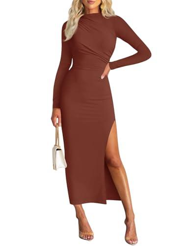 MIROL Women's 2025 Fall Long Sleeve Maxi Dress Mock Neck Side Slit Ruched Business Casual Wedding Guest Cocktail Dresses, Rust, Large