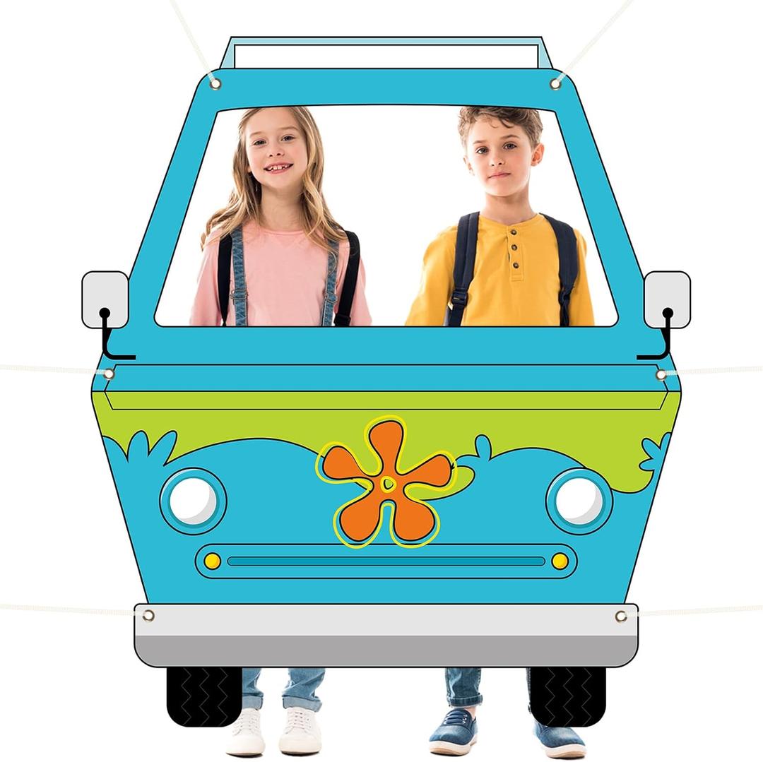 Mysterious Car Photo Prop Selfie Frame Funny Mystery Bus Prop Hippie Bus Backdrop Decoration Mystery Party Van Photo Booth Cartoon Party Banner Supplies for Kids Boys Girls Birthday Parties Sign