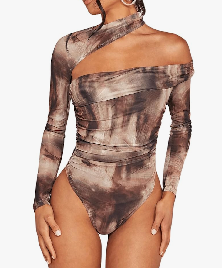 Floerns Women's Tie Dye Asymmetrical Neck Leotard Long Sleeve Ruched Bodysuit Top, Size XL