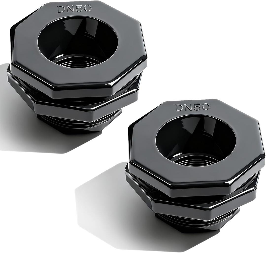 2 Pcs 2 Inch PVC Bulkhead Fitting (NPT Threads), Heavy-Duty Plumbing Water Tank Connector Kit with Reinforced Seals for Rain Barrels, Water Tanks, Aquariums, Tubs, Pools