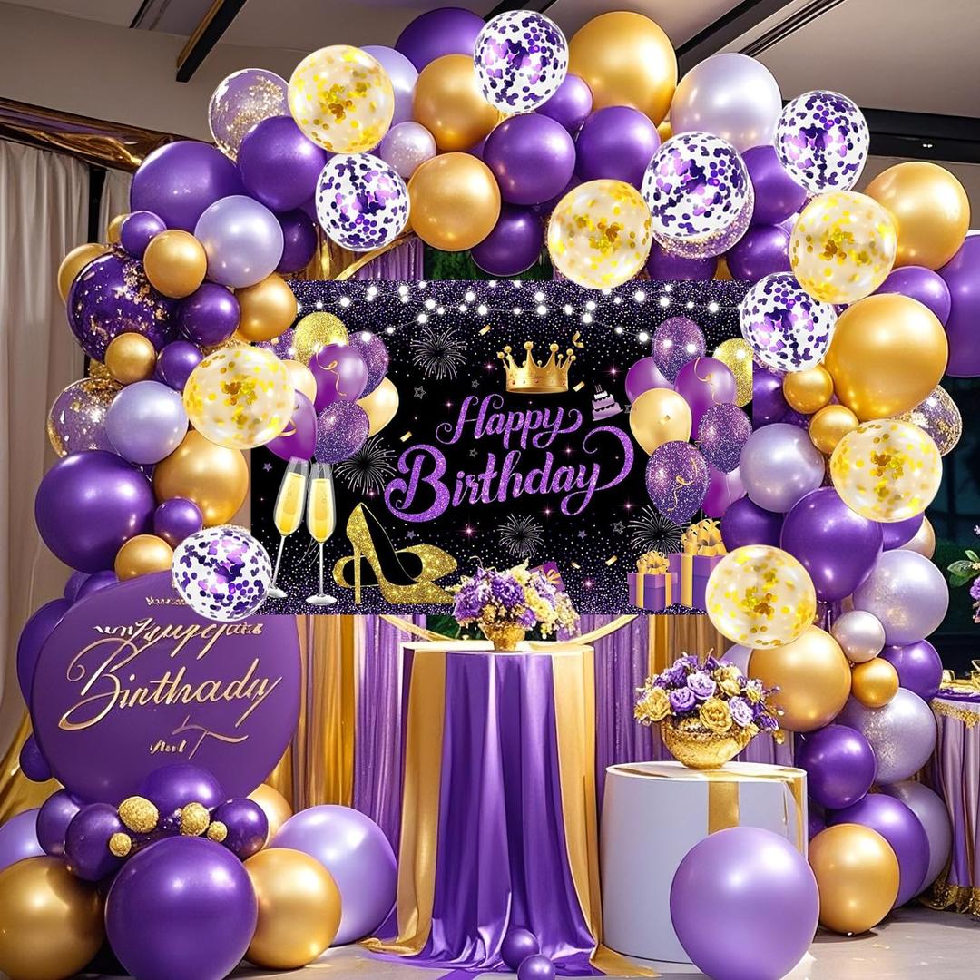 YinQin 63 PCS Purple Gold Happy Birthday Party Balloons Set with Photo Backgrounds Backdrops Banner Cloth Confetti Balloon Purple Golden Happy Birthday Party Supplies Decorations for Girl | Women