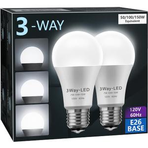 Briignite LED Light Bulbs, 3 Way LED Light Bulbs 50 100 150W Equivalent, Three Way A19 Light Bulbs E26 Medium Base, Daylight White 5000K, 500lm-1000lm-1500lm, 2Pack