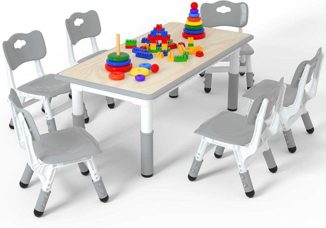 LulliSpace Kids Table and 6 Chairs SetHeight Adjustable Children Table & ChairToddlers Study Multi-Activity Table with 47.2"x23.6" Wipe-Clean Desktopfor Classrooms, Homes & Daycares