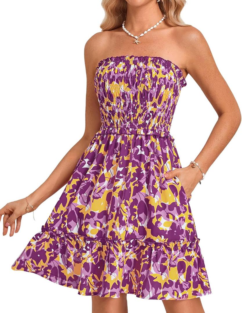 GRACE KARIN Summer Dresses for Women Beach Cover Ups 2025 Tube Strapless Floral Boho Print Sundress (Small)