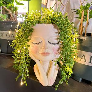 Solar-Face Flower Pot Head Planter Pots - LED String Lights Warterproof Resin Succulent Cactus Planters Pots with Drainage Hole Cute Lady Closed Eyes Indoor Outdoor Garden Decor (Large) (Shallow)