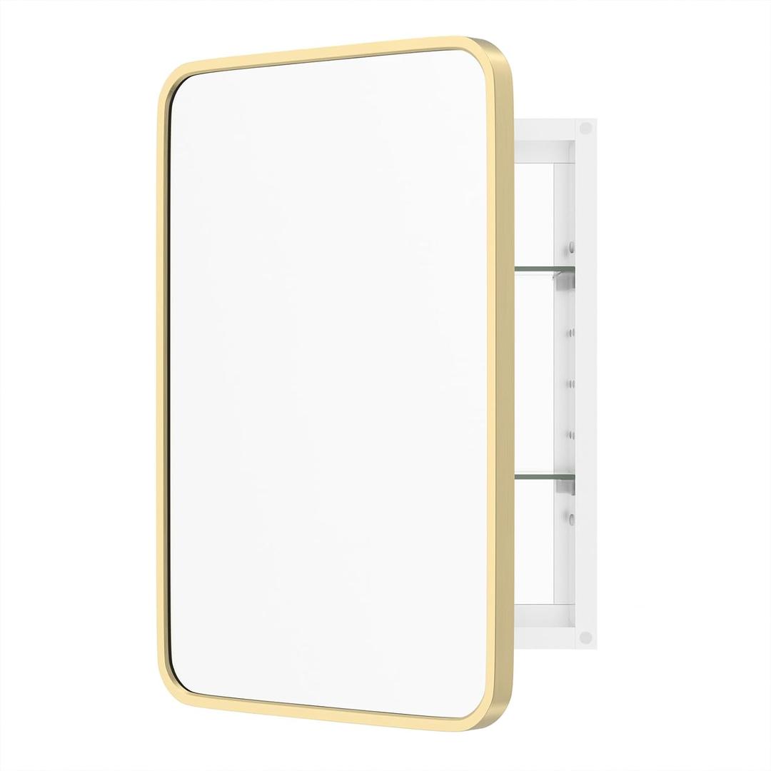 Bathroom Medicine Cabinet with Mirror, 16x24 Inch Gold Recessed Medicine Cabinet with Round Corner Aluminum Alloy Metal Framed.