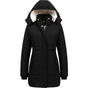 CREATMO US Women's Thicken Sherpa Winter Coat Puffy Warm Snow Jacket With Removable Hood (Large, Black)