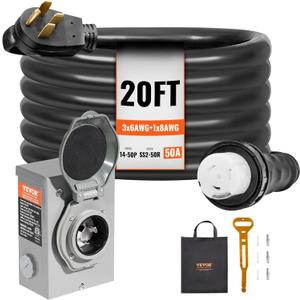 VEVOR 50 Amp Generator Cord and Power Inlet Box Kit, 20FT Generator Extension Cord NEMA 14-50P/SS2-50R STW 6/3+8/1 AWG with Twist Lock Connector, Pre-Drilled Inlet Box, ETL Listed