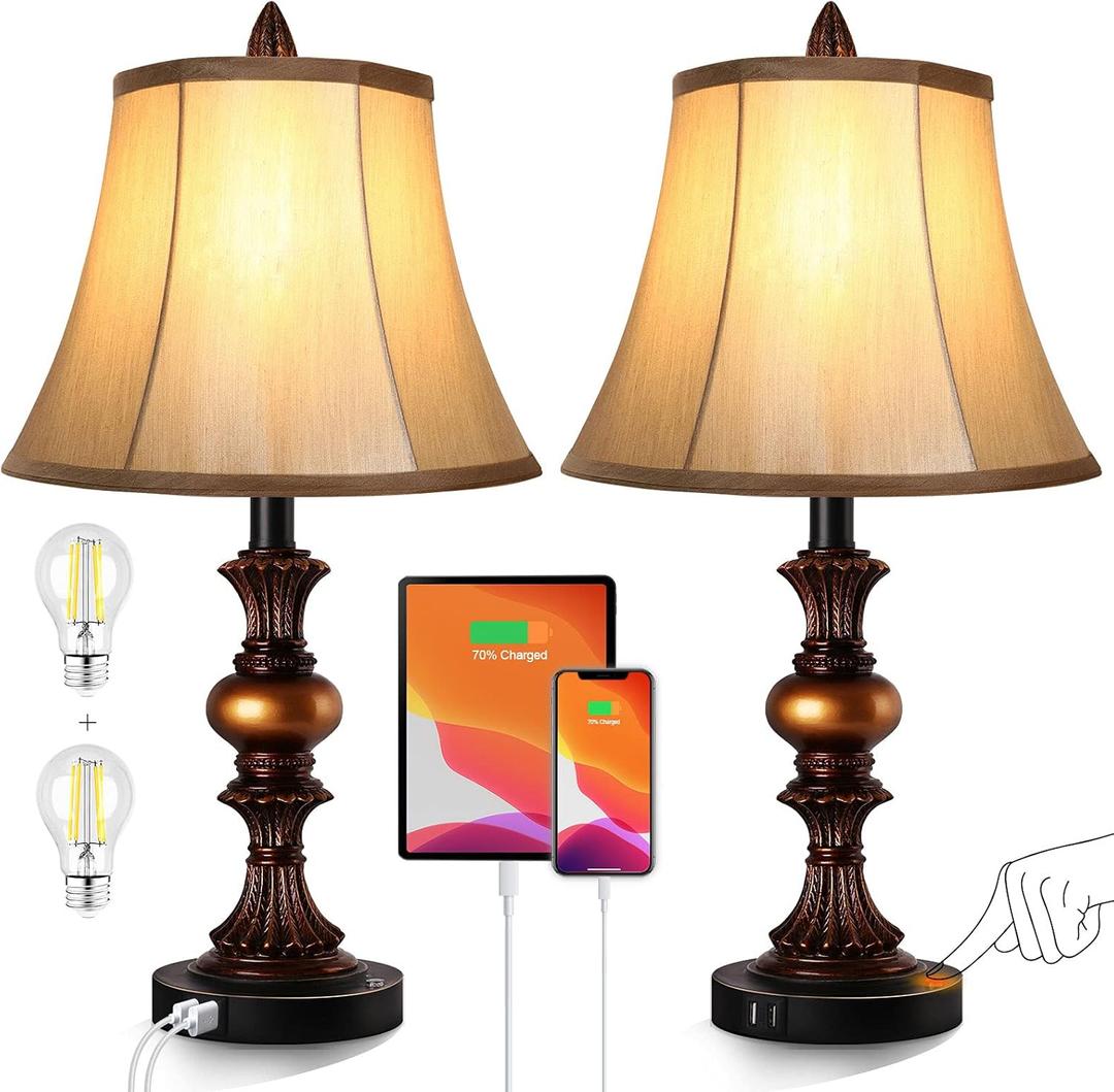 Touch Control Traditional Table Lamp Set of 2, Vintage Bedside Lamps with Dual USB Charging Ports, 3-Way Dimmable Bronze Finish Desk Lamps with Bell Shape Faux Silk Shade for Living Room, Bedroom (Bronze(Warm White Bulbs))