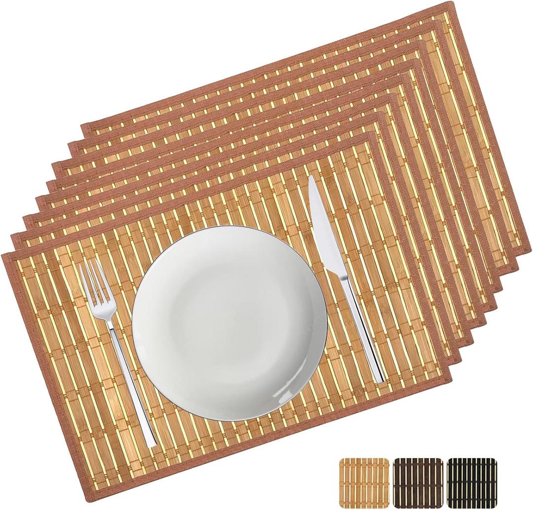 Bamboo Placemats Set of 8, 17.7x11.8 Inch with Brown Fabric Border - Non-Slip & Heat Resistant, Stain-Resistant Japanese Style Table Mats for Dining Room, Kitchen DecorCoffee