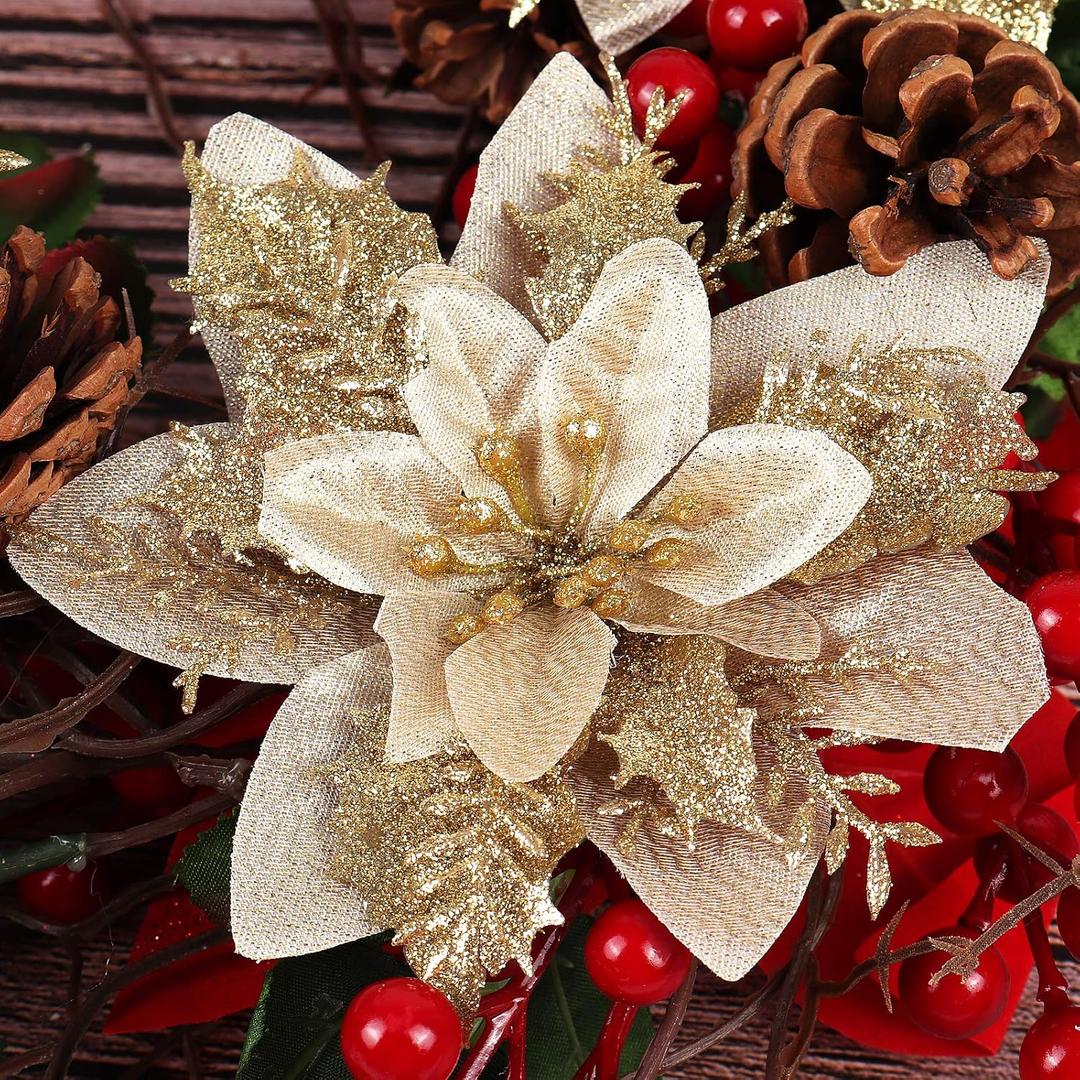 RECUTMS 10 Pcs Christmas Glitter Artificial Poinsettia Flowers 6 inch Christmas Wreath Christmas Tree Flowers Ornaments Holiday Seasonal Decorations for Xmas New Year Wedding Party (Gold)