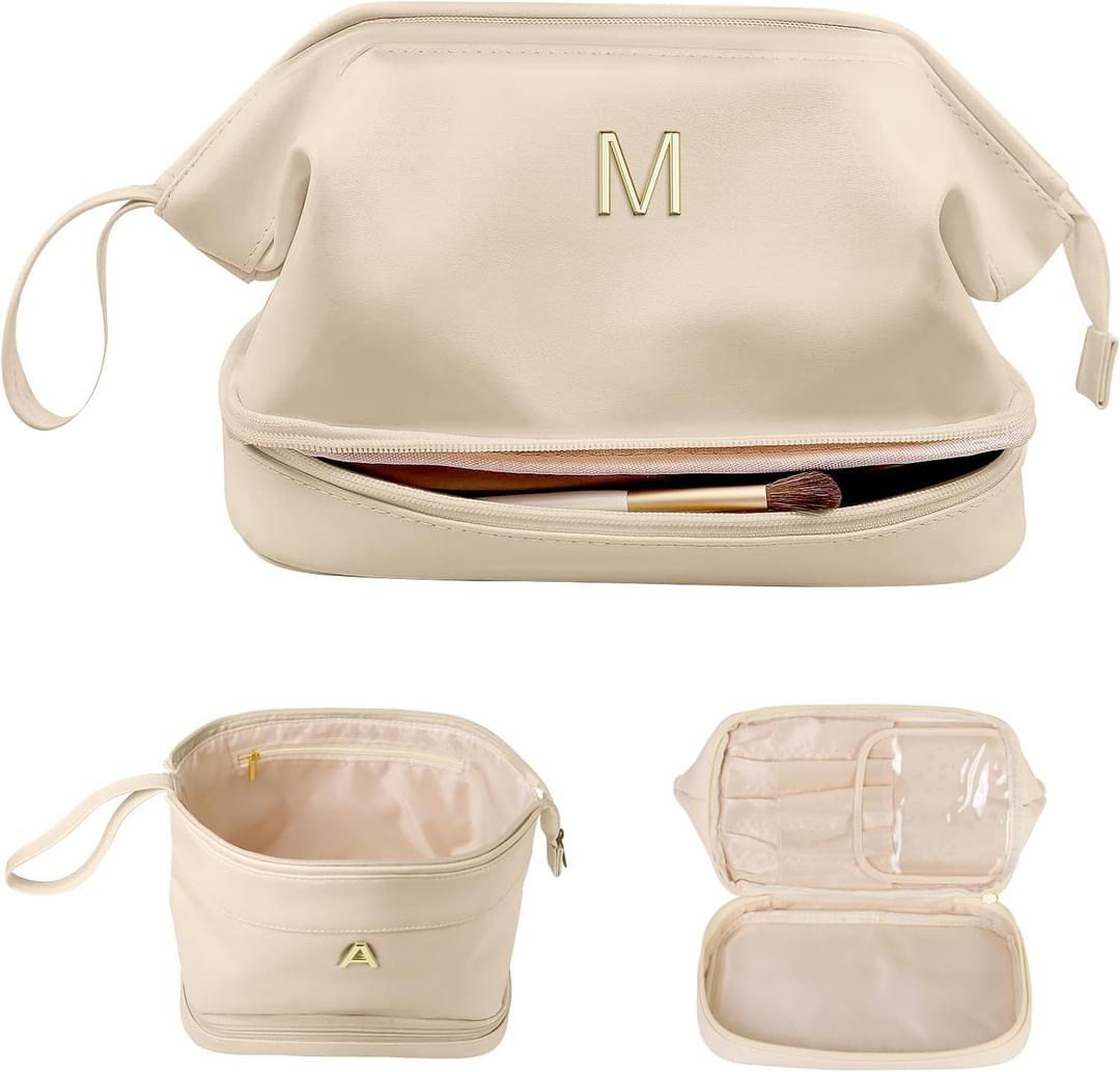 Birthday Gifts for Women, Initial Large Makeup Bag, Personalized Double Layer Cosmetic Bag with Makeup Brush Organizer, Waterproof, PU Leather Travel Toiletry Bag,Bride Gift Monogrammed Gifts