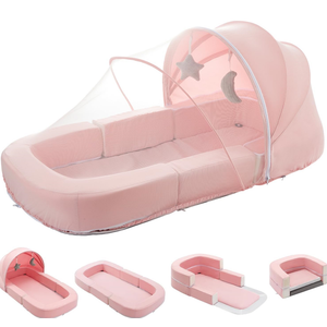 Todldler Baby Travel Bassinet Bed & Chair, Fold Out Sofa Couch Lounger with 2-1 Mosquito & Canopy, Foldable Portable Travel Cot with Foam Raised Safety Bumpers for Infant Toddlers 0-36 Months (Pink)