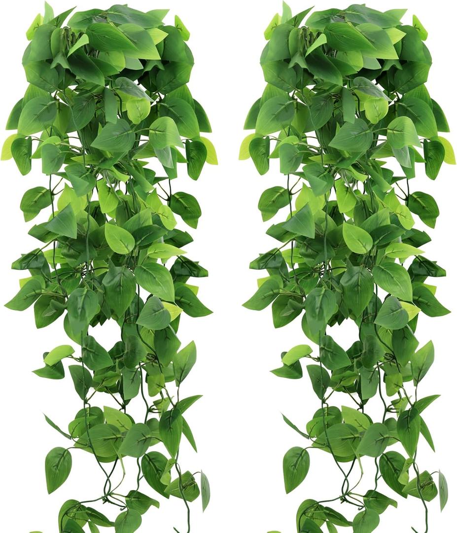 2-Pack Fake Hanging Plants, Faux Hanging Plant Artificial Greenery for Living Room Bedroom Boho Wall Shelf Indoor Outdoor Decor (Green Pothos Ivy Vines)