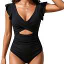 B2prity One Piece Swimsuits for Women Ruffle Sleeve V Neck Bathing Suit Tummy Control Cutout Monokini Slimming Swimwear (Medium, Black Ribbed)