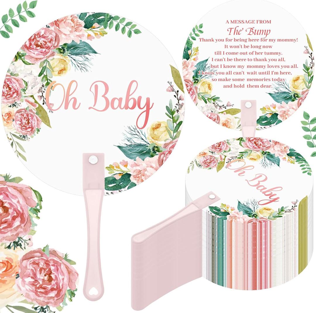 50 Pcs Baby Shower Party Favors for Guests on Baby Thank You Fans Cute Handheld Plastic Fans Gifts for Girl Boy Gender Reval Party Favors(Flower)