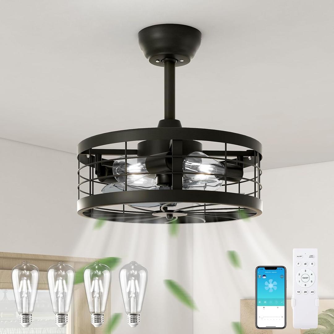 VOLISUN Caged Ceiling Fan with Light, 16.5in Black Fandelier with Remote, Farmhouse Bladeless Ceiling Fan Lights for Kitchen, Bedroom (4 * 5000K Bulbs Included) (16.5 INCH, Include 5000K Bulbs)