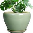 Ceramic Planter Pot - 10 Inch Plant Pot for Indoor Plants Decorative Planter with Drainage Hole and Saucer Large Pot for Plants Outdoor Round Flower Pot for Garden Green