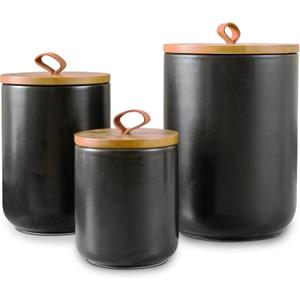 Black Canister Sets for Kitchen, 3pcs Ceramic Canisters with Airtight Wooden Lid, Food Storage Jar, Large Kitchen Storage Containers for Serving Coffee Beans, Tea, Sugar, Salt, Spices