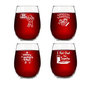 DU VINO Christmas Puns Funny Stemless Wine Glasses (Set of 4)- 15 oz - Cheerful Holiday Party Cups- Naughty and Hilarious Gift Exchange Idea for Dirty Santa or White Elephant