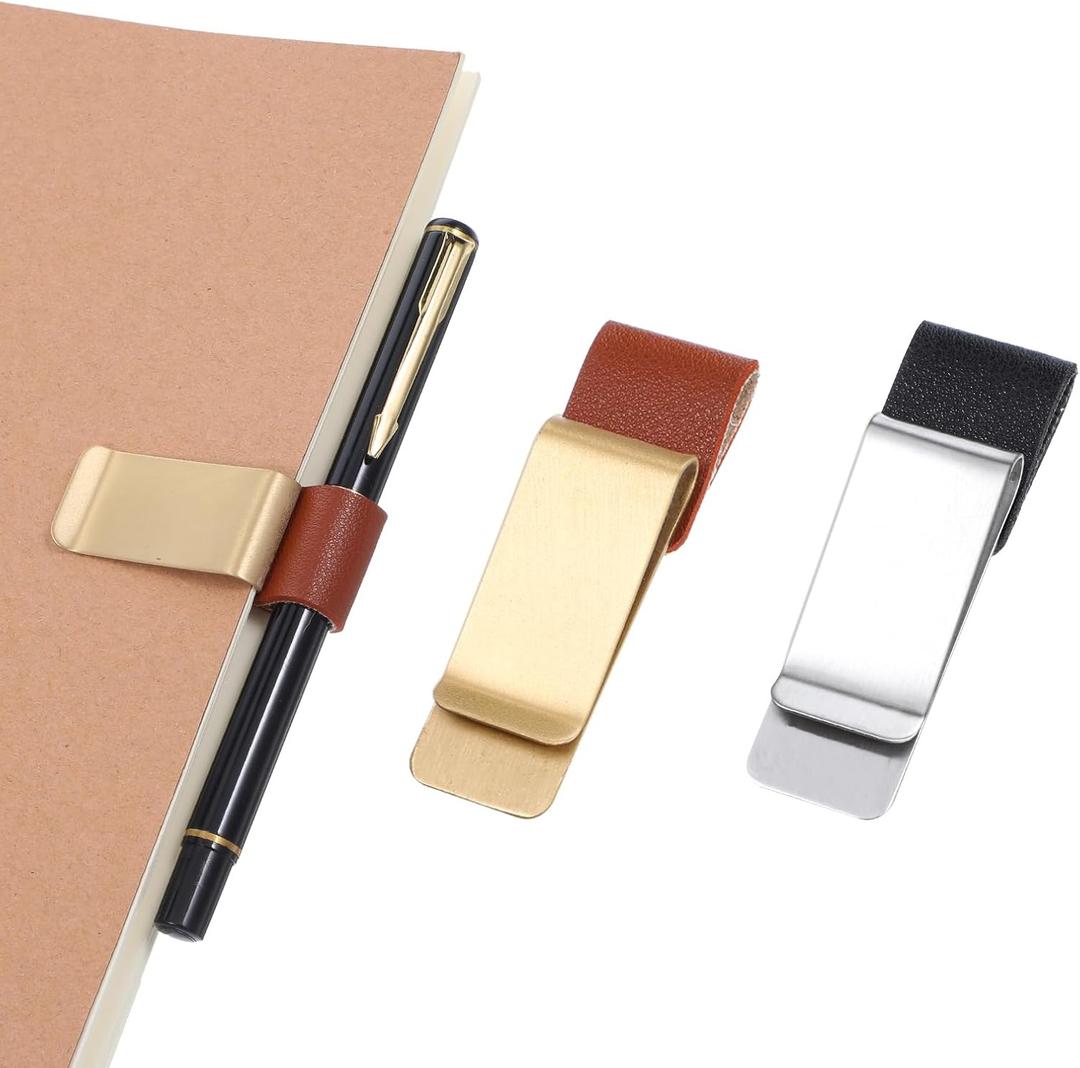 2 Pcs PU Leather Retro Notebook Pen Clips Metal Pen Loop Holder Sleeve - Silver & Gold