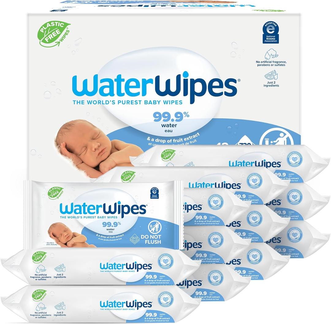 WaterWipes Plastic-Free Original Baby Wipes, 99.9% Water Based Wipes, Unscented & Hypoallergenic for Sensitive Skin, 60 Count (Pack of 12), Packaging May Vary (60 Count (Pack of 12))