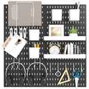Peg Board Combination Kit, 4 Pegboards with 20 Accessories, Pegboard Wall Organizer for Office, Nursery & Home Storage, Key Holder, 25.6"x25.6" – Nail-Free Installation（Black）