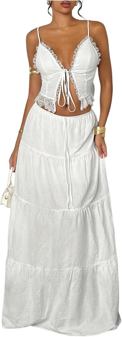 Floerns Women's 2 Piece Outfit Lace Trim Tie Front Camisole Top Tiered Maxi Skirts Set (White)