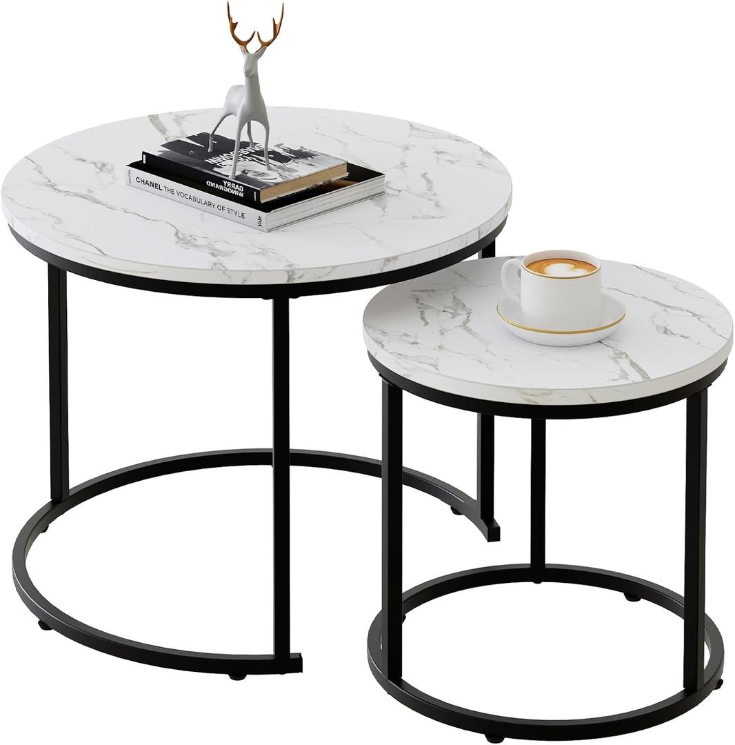 aboxoo Round Nesting Coffee Table Side Table Set of 2 End Tables for Living Room Bedroom Balcony, White Faux Marble Wooden Table Accent Coffee Table with Black Steel Frame, Large: 23.6" x 17.7", Small: 15.7" x 15.7"