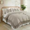 Herside Taupe Ruffle Comforter Set King Size, Shabby Chic Boho Bedding Sets, Soft Fluffy Comforters Sets for All Season, Vintage Ruffled 3 Pcs Microfiber Lightweight Quilt Set for Women Girls