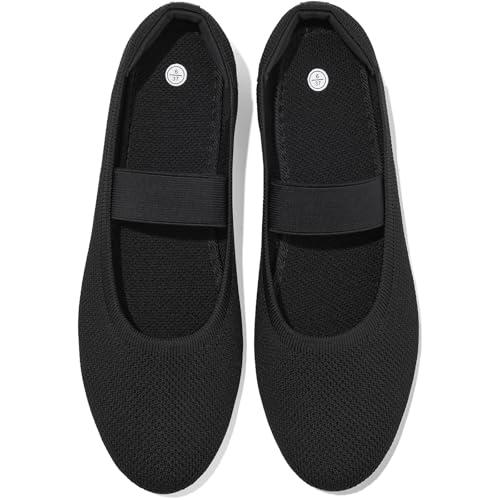 Waluzs Ballet Mary Jane Flats Shoes Women Black Knit Flats Comfortable Dress Shoes for Women Slip on Shoes Round Toe Ladies Work Flats with Elastic Strap (Black,US7.5)