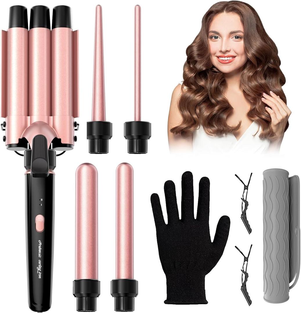 5 in 1 Curling Iron, Curling Wand Set with 3 Barrel Crimper Hair and 4 Interchangeable Ceramic Curling Wand(0.35-1.25), Fast Heating Hair Curler, Include Glove & Clips-Pink