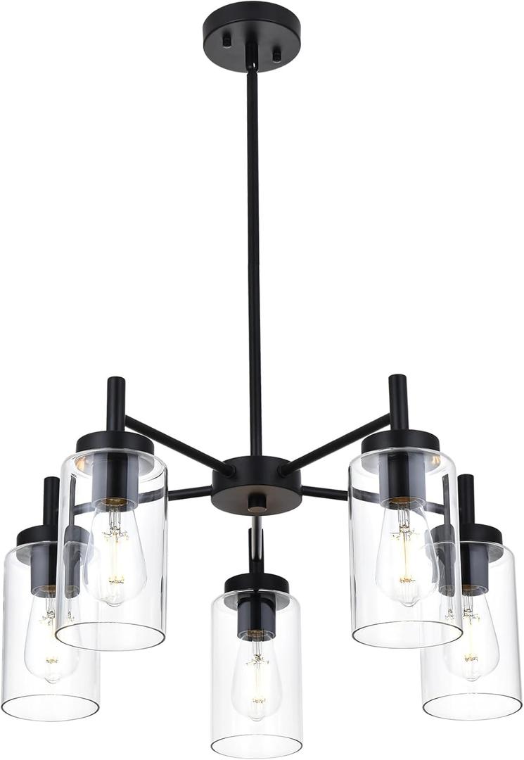 5-Light Contemporary Black Chandelier, Modern Industrial Dining Room Light Fixtures Over Table, Ceiling Hanging Kitchen Island Pendant Lighting Fixtures w/Clear Glass Shade for Entryway Foyer