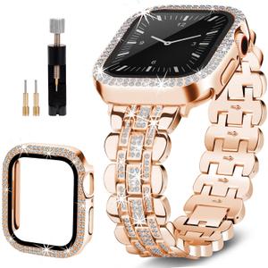 Bling Strap Compatible with Apple Watch Band 46mm for Women, Diamond Jewelry Replacement with Crystal Protector Case for Series 10 Apple Watch Bands Rose Gold, Metal Shiny Bracelet for iWatch Girl