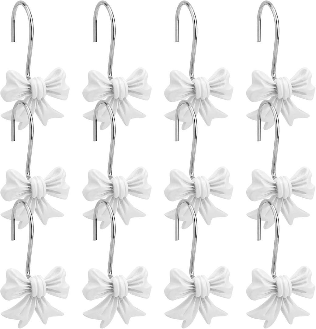 12pcs Bow Knot Shower Curtain Hooks, Decorative Bathroom Bow Hangers Cute Metal Curtain Rings for Bathroom Baby Room Nursery Art Decor (White)