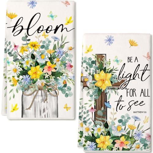 GEEORY Daffodil Spring Kitchen Towels Set of 2,18x26 Inches Floral Yellow Dish Cloths -Flowers Vase Cross Farmhouse Design,Holiday Hand Towels for Spring Decor & Gifting