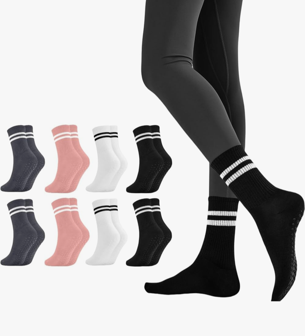 Pilates Socks with Grips for Women Long Non-Slip Yoga Grippy Socks for Barre, Ballet, Dance & Hospital, Anti-Skid Workou 8pcs