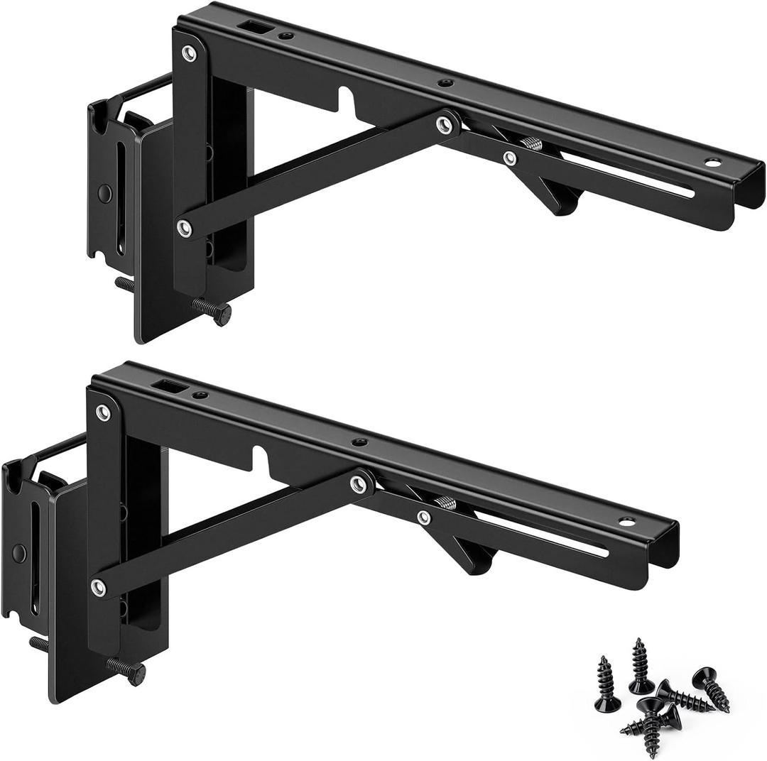 18 Inch E Track Folding Shelf Brackets 2 Pcs Black Heavy Duty Metal DIY E-Track Shelf Bracket Etrack Accessories for Collapsible Workbench Table Shelves Hinge in Enclosed Trailer, Truck and Garage