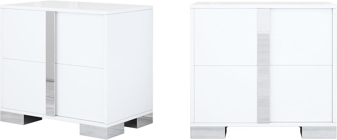 Modern White Nightstand Set of 2 for Bedroom, Elegant 2 Drawer Nightstand with Silver Mirrored Handle and Base, Wood End Table Sofa Side Table for Living Room Bedroom (White) Modern White Nightstand Set of 2 for Bedroom, Elegant 2 Drawer Nightstand with Silver Mirrored Handle and Base, Wood End Table Sofa Side Table for Living Room Bedroom (White)