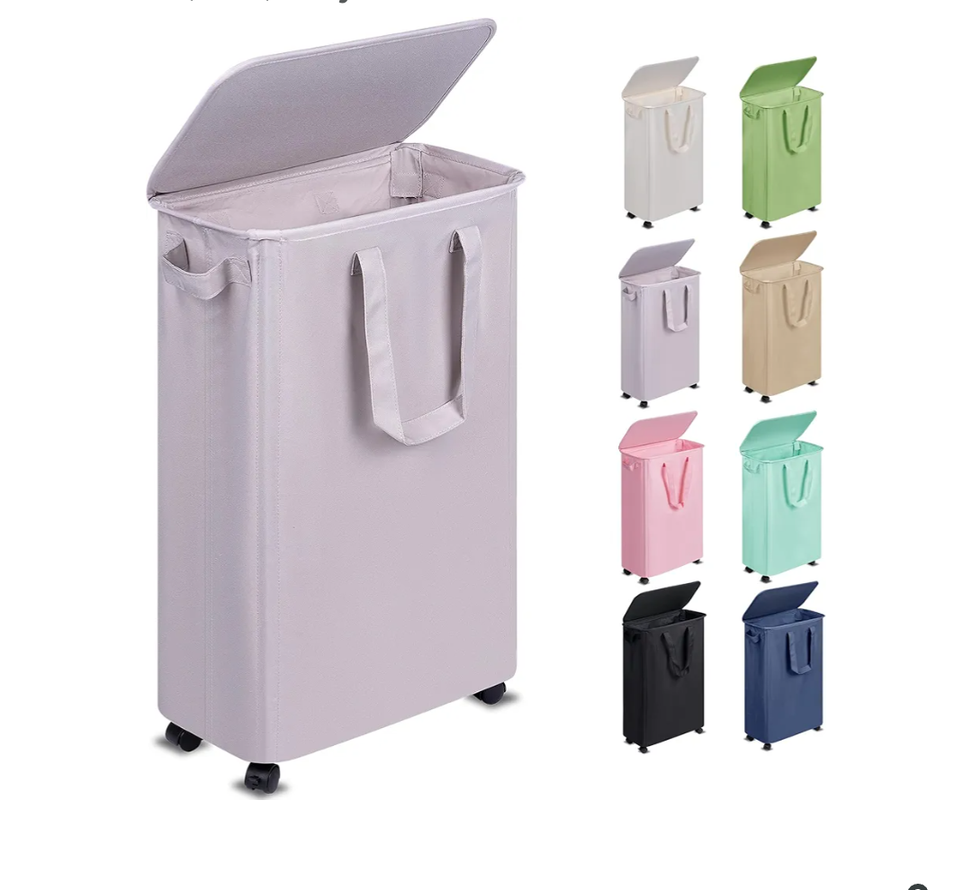 Slim Laundry Hamper with Lid and Wheels, Small Rolling Laundry Basket with Handle for Small Spaces, Tall Dirty Clothes Hampers for Dorm, Bathroom and Bedroom, 55L, Grey
