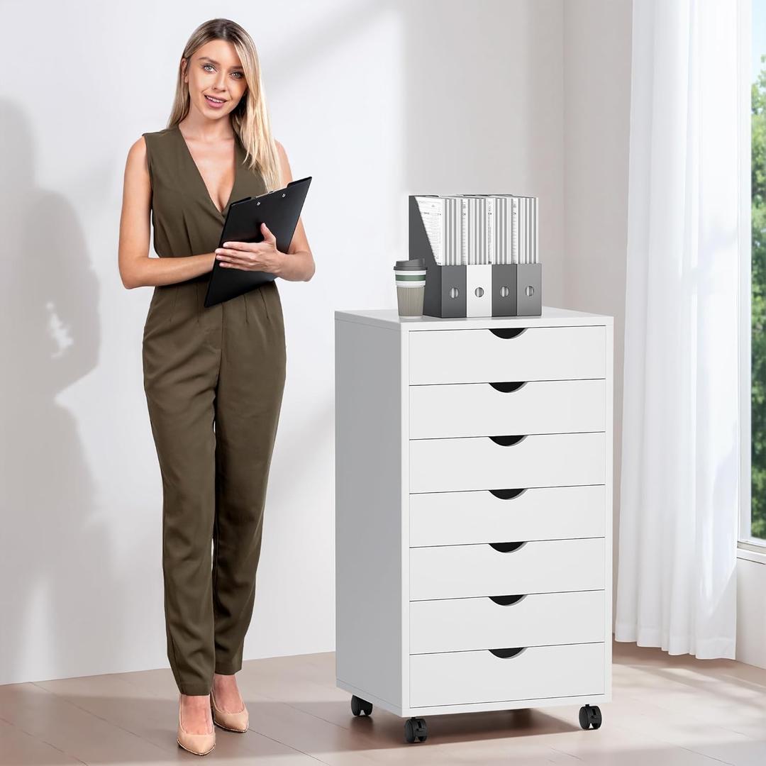 7 Drawer Chest, Storage Cabinet Dressers with Wheels, Dressers Storage Cabinets, Dresser Mobile Cabinet with Wheels, Room Organizer, Small Drawers Wood Organization Furniture for Office, Home, White (15.8"D x 18.7"W x 34.3"H (7 Drawers))