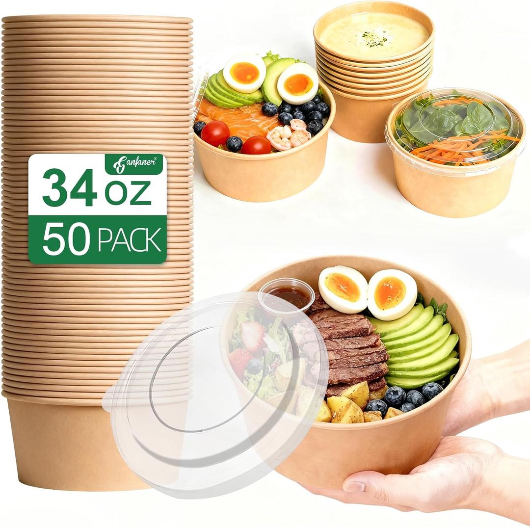 34oz Disposable Round Paper Bowls with Lid, 50 Sets Deli Container Box Spillproof Microwave & Freezer Safe, To Go Meal Prep Container for Lunch Work Meal, Sturdy for Picnic Camp Family