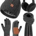 Winter Hat Gloves Scarf Earmuffs Set for Women, Fleece Lined Beanie Long Scarf Touchscreen Gloves Ear Warmer, 4 in 1 Gift Set (Dark Gray)